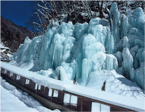 高さ30ｍにもなる蒼白の氷柱が連なる氷の渓谷（飛騨大鍾乳洞）